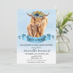 It's a Boy Blue Highland Cow Calf Baby Shower Invitation | Zazzle