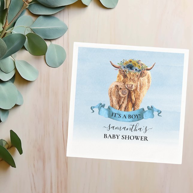  It's a Boy Blue Highland Cow Calf Baby Shower  Napkins (Creator Uploaded)