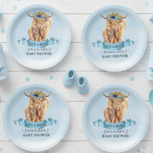  It's a Boy Blue Highland Cow Calf Baby Shower   Paper Plates