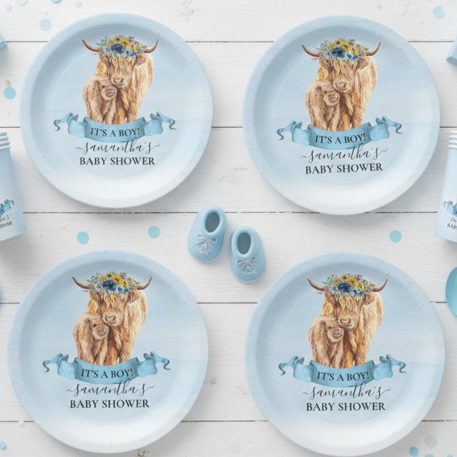  It's a Boy Blue Highland Cow Calf Baby Shower   Paper Plates (Creator Uploaded)