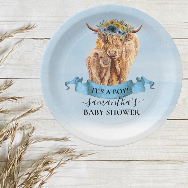  It's a Boy Blue Highland Cow Calf Baby Shower   Paper Plates (Creator Uploaded)
