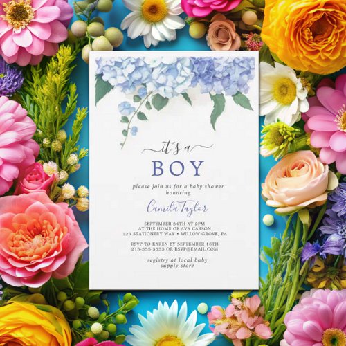  Its A Boy Blue Hydrangea Botanical Baby Shower Invitation