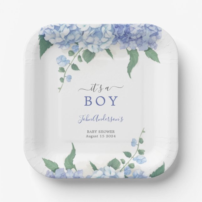  It's A Boy Blue Hydrangea Botanical Baby Shower Paper Plates (Front)