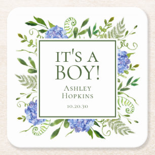 It's A Boy Blue Hydrangeas Boy Baby Shower Square Paper Coaster