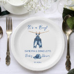 It's a boy blue jeans baby shower template paper plates<br><div class="desc">It's a boy blue jeans baby shower template paper plates personalized baby shower tableware,  cute baby denim jeans hanging pegged on a line blue jeans cap simple minimalist modern baby shower personalized plates</div>