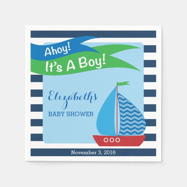 It's A Boy, Blue Nautical Baby Shower Napkins (Front)