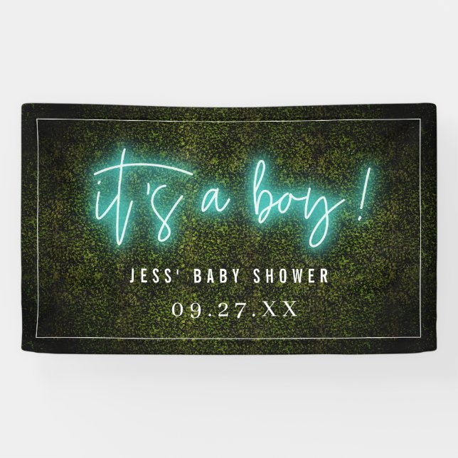 It's A Boy Blue Neon Boxwood Baby Shower Banner (Horizontal)