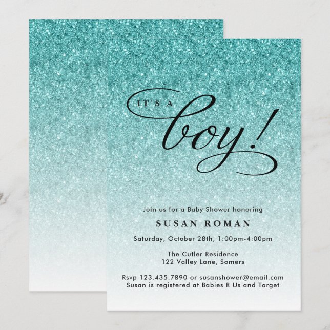 It's a Boy Blue Ombre Glitter Baby Shower Invitation (Front/Back)