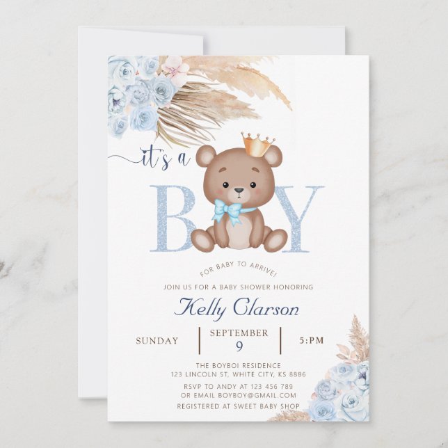 It's a BOY Blue Pampas Grass Boho Teddy Bear Baby Invitation (Front)
