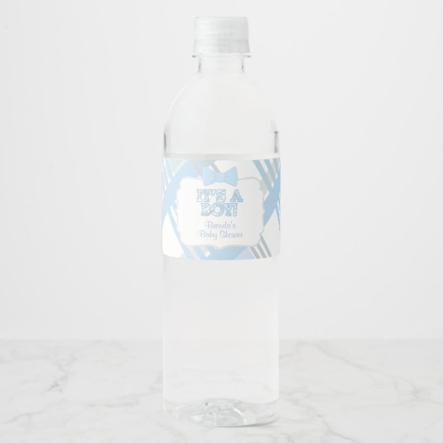 It's A Boy, Blue Plaid Baby Shower Water Bottle Label (Front)