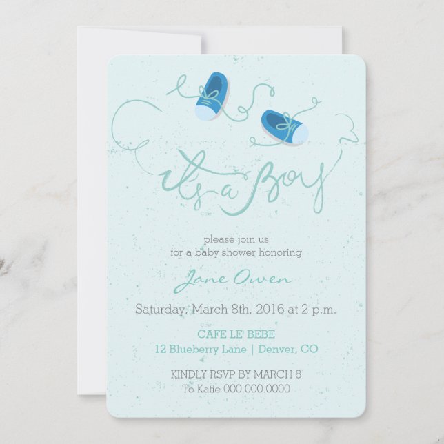It's a boy blue shoes baby shower invitation (Front)
