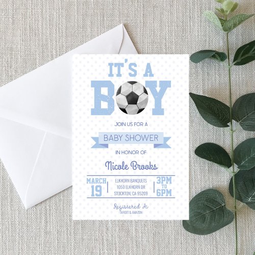 Its A Boy Blue Soccer Ball Baby Shower Invitation