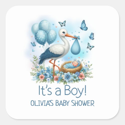 Its a Boy Blue Stork Baby Shower Square Sticker