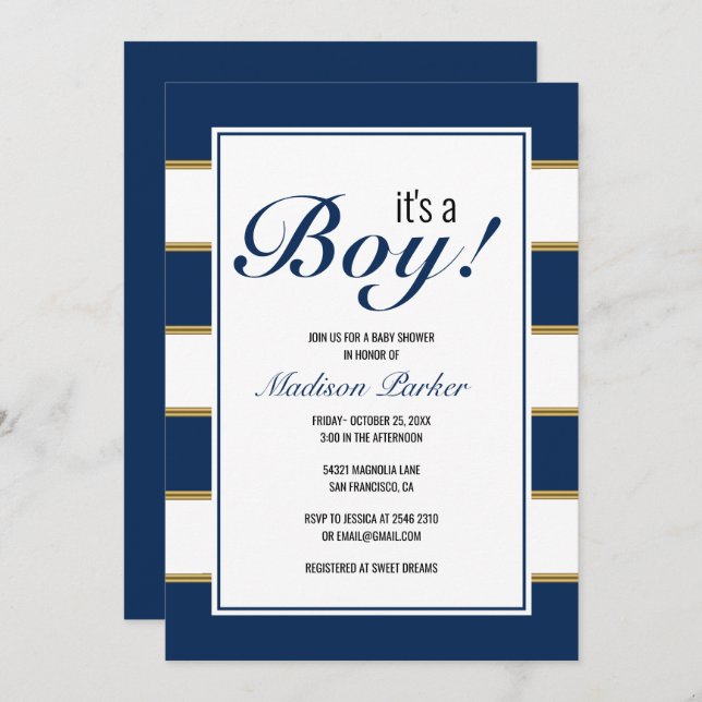 It's A Boy Blue Stripes  Invitation (Front/Back)