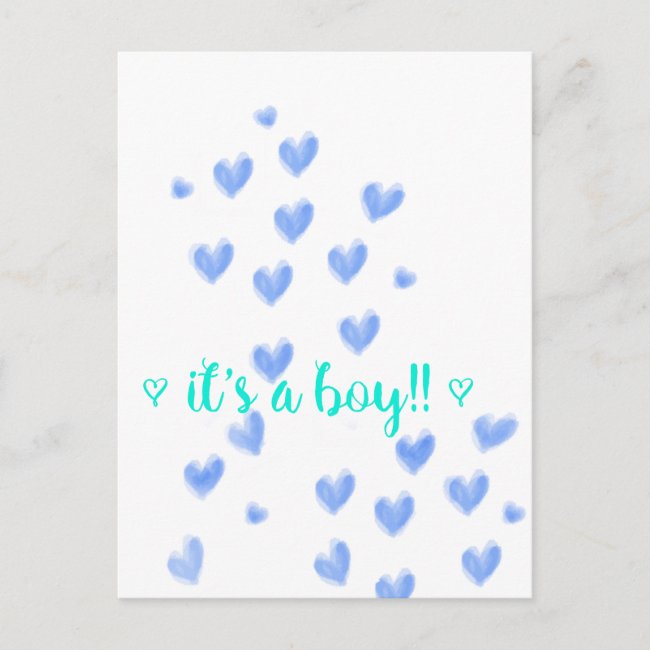 IT'S A BOY - Blue & Teel watercolour hearts design