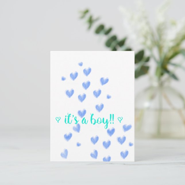 IT'S A BOY - Blue & Teel watercolour hearts design Announcement Postcard (Standing Front)