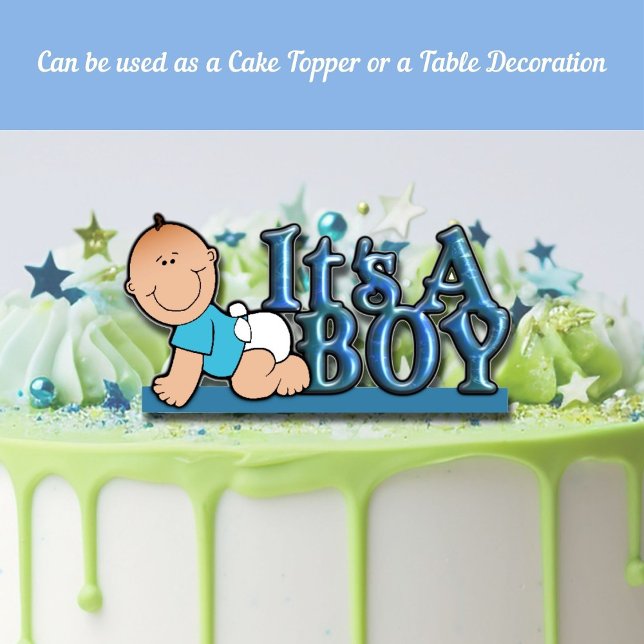 It's A Boy Blue Text w/Baby Cake & Table Topper Cutout (Baby Boy Gender Reveal | Baby Shower Cake Topper | Table Decoration)