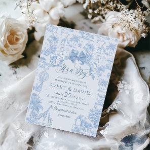 Its a Boy Blue Toile Safari Animal Baby Shower Invitation