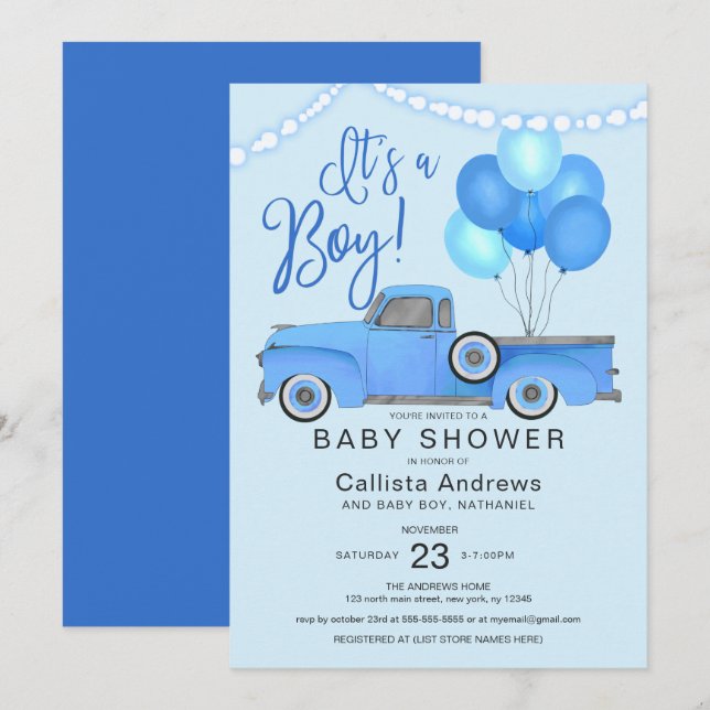 It's a Boy Blue Truck Balloons Lights Baby Shower Invitation (Front/Back)