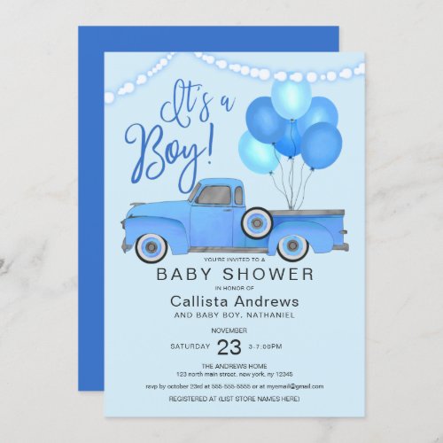Its a Boy Blue Truck Balloons Lights Baby Shower Invitation