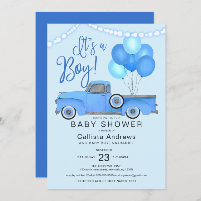 It's a Boy Blue Truck Balloons Lights Baby Shower Invitation (Front/Back)