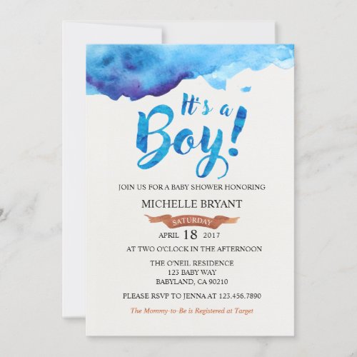 Its A Boy Blue Watercolor Baby Shower invitation