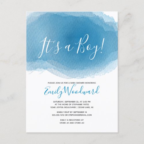 Its a Boy Blue Watercolor Baby Shower Invitation Postcard