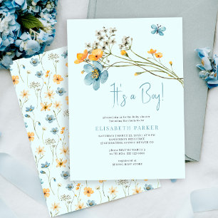 It's a boy blue watercolor floral baby shower invitation
