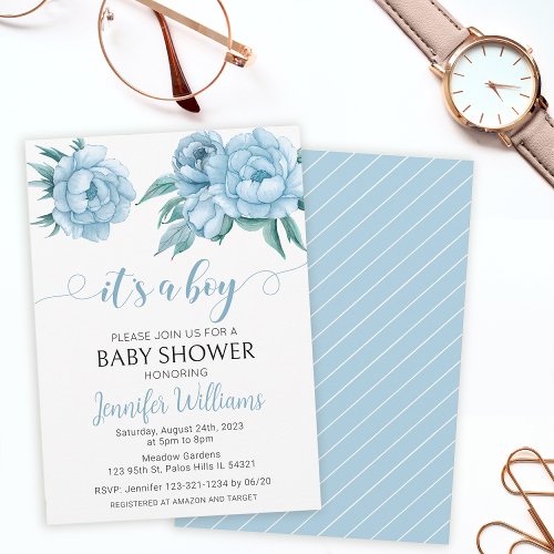 Its a boy blue watercolor floral oh baby shower invitation