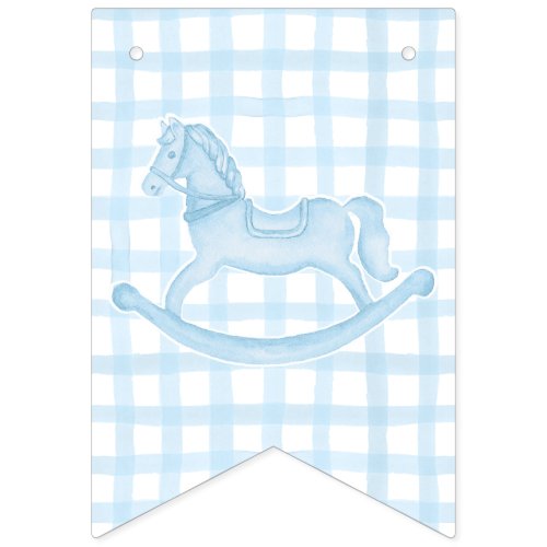 Its A Boy Blue Watercolor Gingham Rocking Horse  Bunting Flags