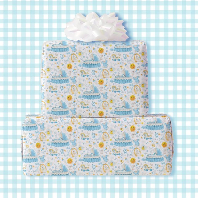 It's a Boy Blue & White Bassinet Baby Shower Wrapping Paper (Creator Uploaded)