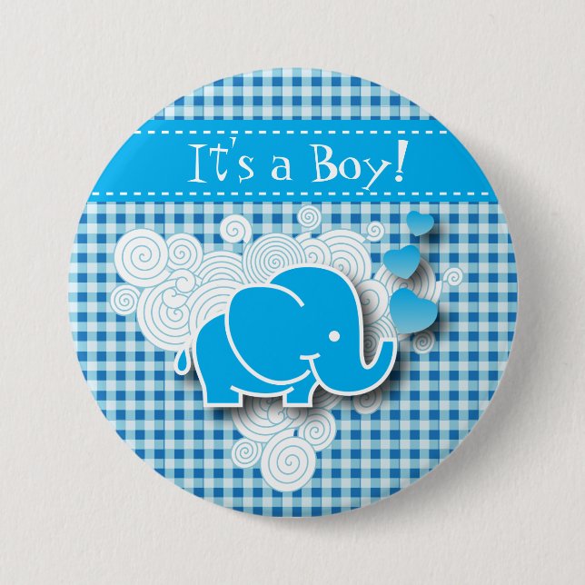 It's A Boy, Blue & White Plaid with Baby Elephant Button (Front)