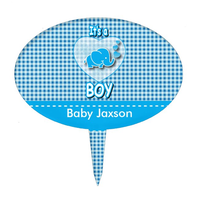 It's A Boy, Blue & White Plaid with Baby Elephant Cake Topper (Front)