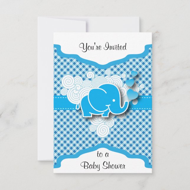 It's A Boy, Blue & White Plaid with Baby Elephant Invitation (Front)