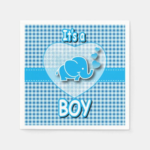 Its A Boy Blue  White Plaid with Baby Elephant Paper Napkins