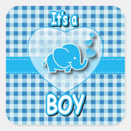 Its A Boy Blue  White Plaid with Baby Elephant Square Sticker