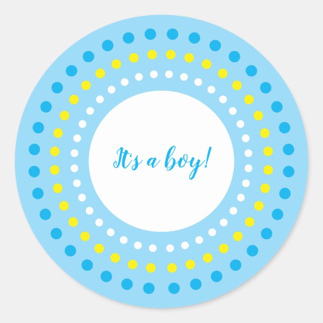"It's a Boy!" Blue & Yellow Polka Dots Classic Round Sticker (Front)