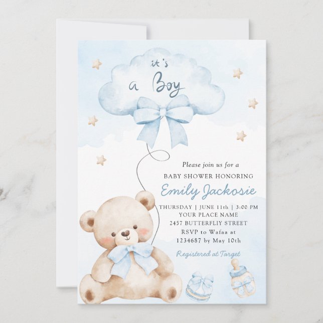 It's a boy Boho blue cute teddy bear baby shower  Invitation (Front)