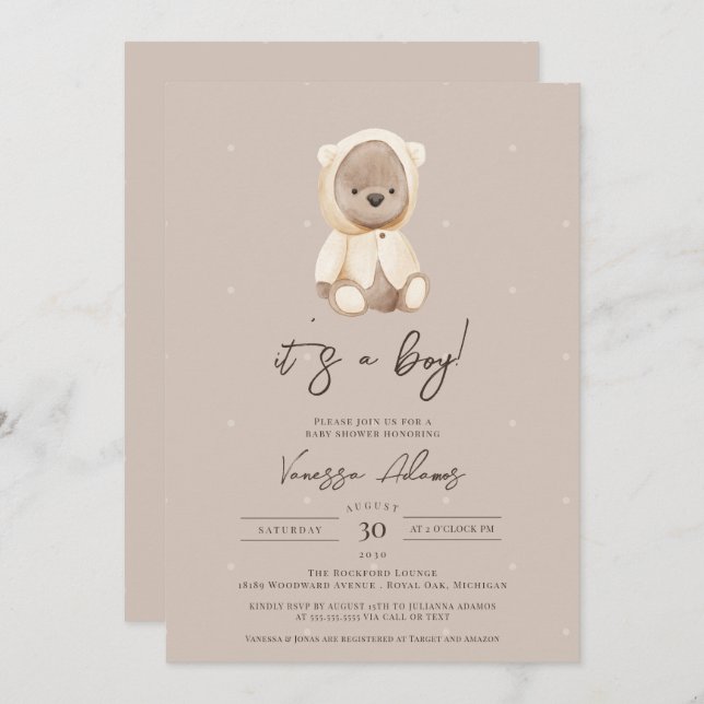 It's a boy boho teddy bear baby shower invitation (Front/Back)