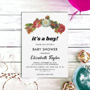 It's A Boy Boho White Red Roses Floral Baby Shower Invitation