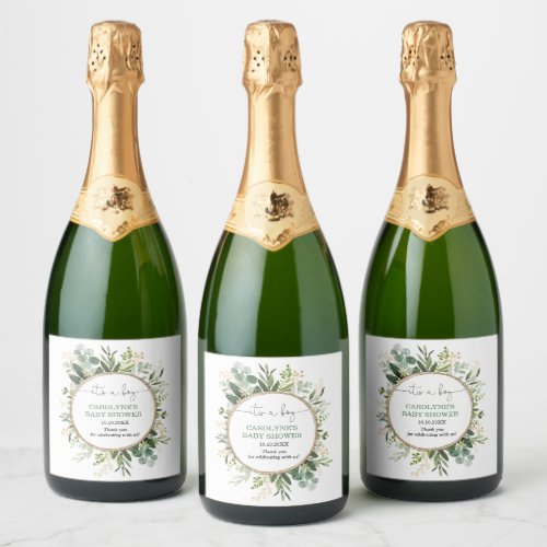It's a Boy / Botanical Greenery Gold Baby Shower Champagne Label