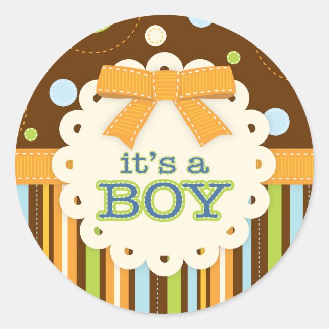 It's a Boy Bow Blue Brown in Stitches Baby Classic Round Sticker (Front)