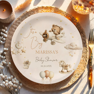 It's A Boy Brown Plane Teddy Bear Baby Shower Paper Plates