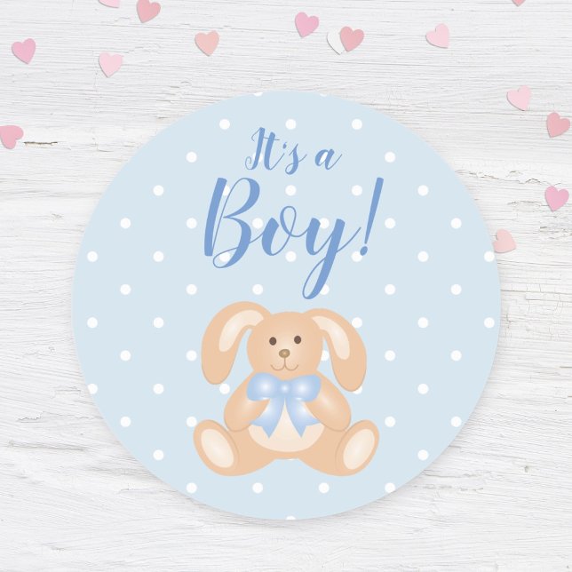 It's a Boy Bunny Rabbit Pastel Blue Baby Shower Classic Round Sticker (Creator Uploaded)