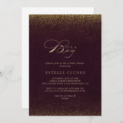 Its A Boy Burgundy Gold Glitter Baby Shower   Invitation