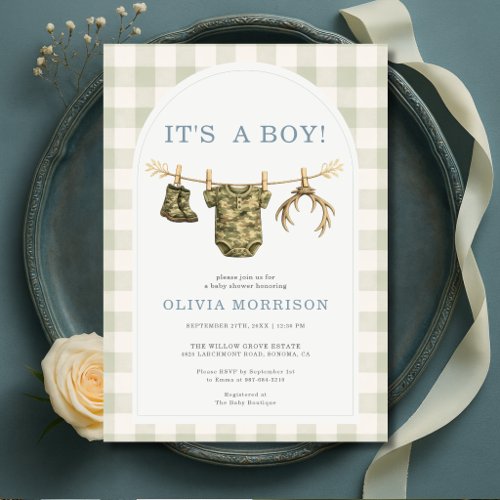 It's a Boy Camo Hunting Gingham Baby Shower Invitation