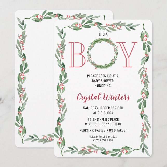 It's a Boy Christmas Wreath Baby Shower Invitation (Front/Back)
