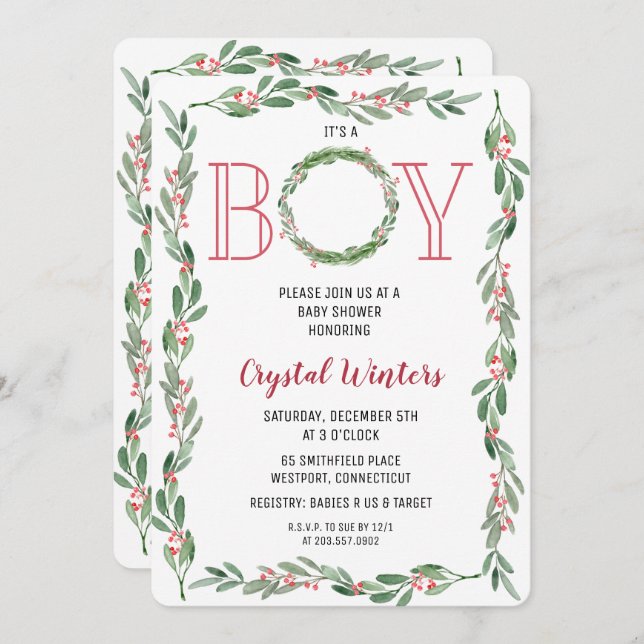 It's a Boy Christmas Wreath Baby Shower Invitation (Front/Back)