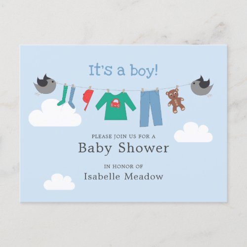 Its A Boy Clothesline Baby Shower Invitation Postcard