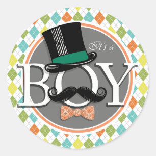 It's a Boy!  Colorful Argyle Classic Round Sticker